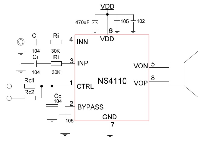 NS4110B 超低EMI差分输入20W单声道AB/D 类音频功率放大器(图4)